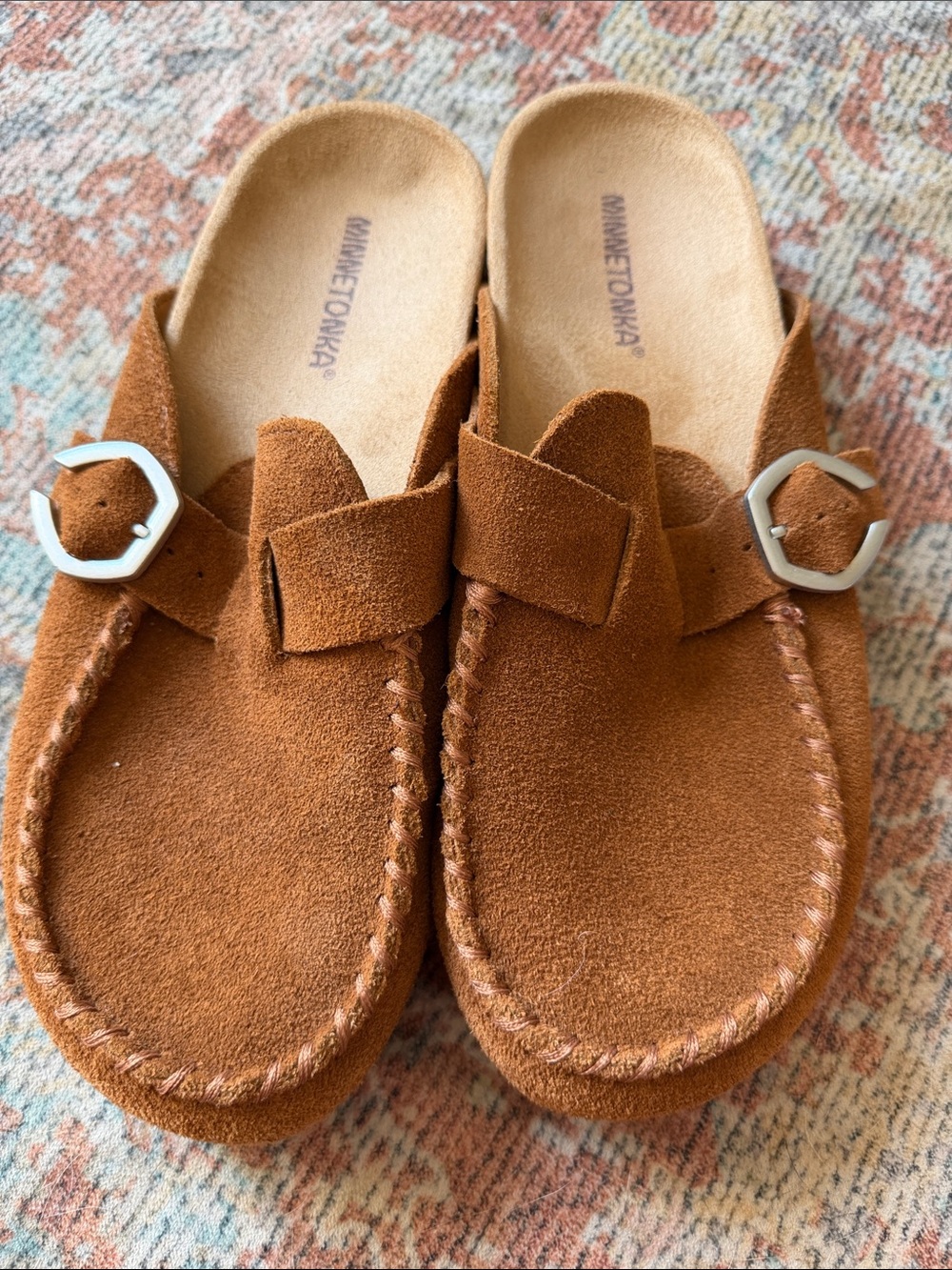 Minnetonka brown suede buckle clogs size 9